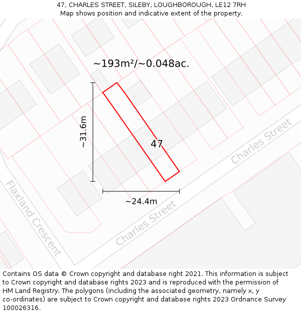 47, CHARLES STREET, SILEBY, LOUGHBOROUGH, LE12 7RH: Plot and title map