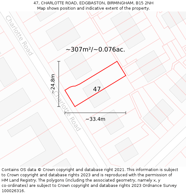 47, CHARLOTTE ROAD, EDGBASTON, BIRMINGHAM, B15 2NH: Plot and title map