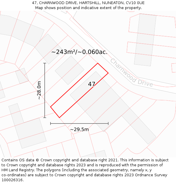 47, CHARNWOOD DRIVE, HARTSHILL, NUNEATON, CV10 0UE: Plot and title map