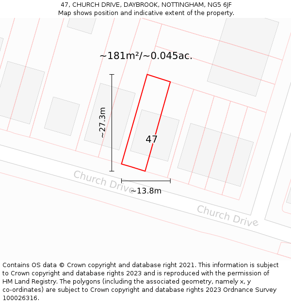 47, CHURCH DRIVE, DAYBROOK, NOTTINGHAM, NG5 6JF: Plot and title map