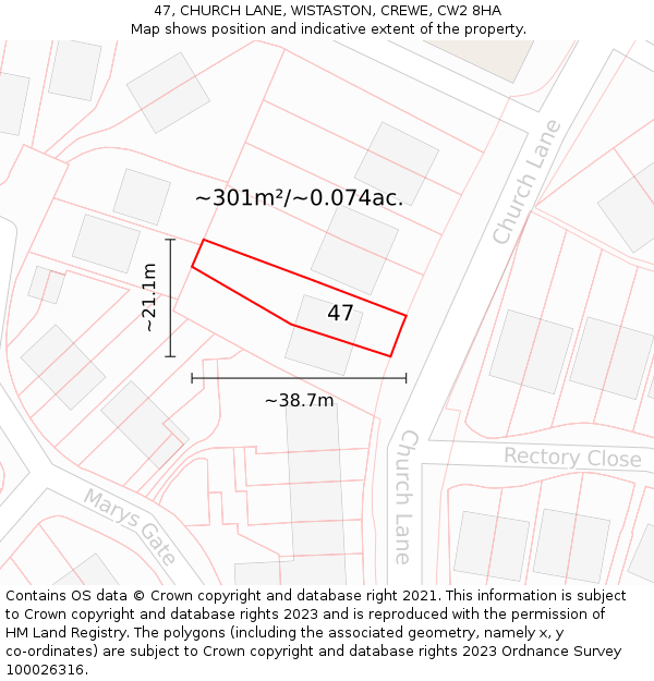 47, CHURCH LANE, WISTASTON, CREWE, CW2 8HA: Plot and title map