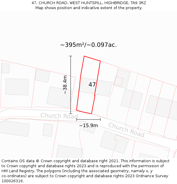 47, CHURCH ROAD, WEST HUNTSPILL, HIGHBRIDGE, TA9 3RZ: Plot and title map