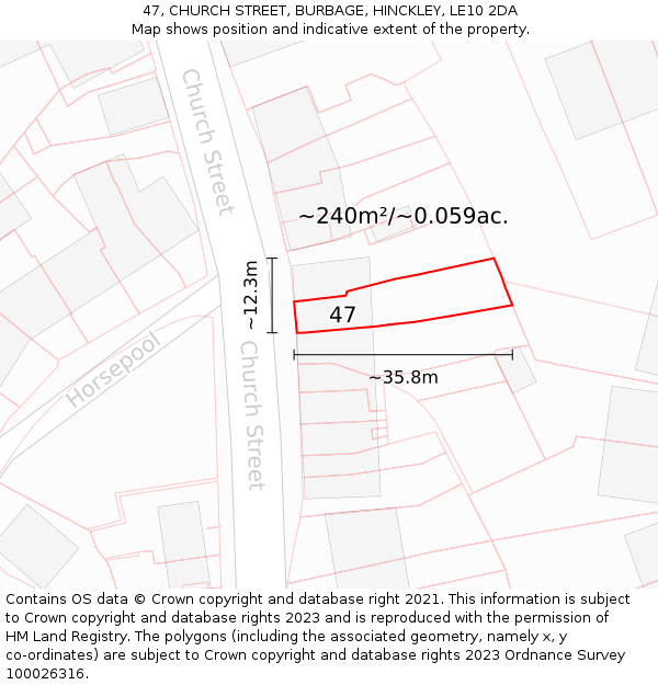 47, CHURCH STREET, BURBAGE, HINCKLEY, LE10 2DA: Plot and title map