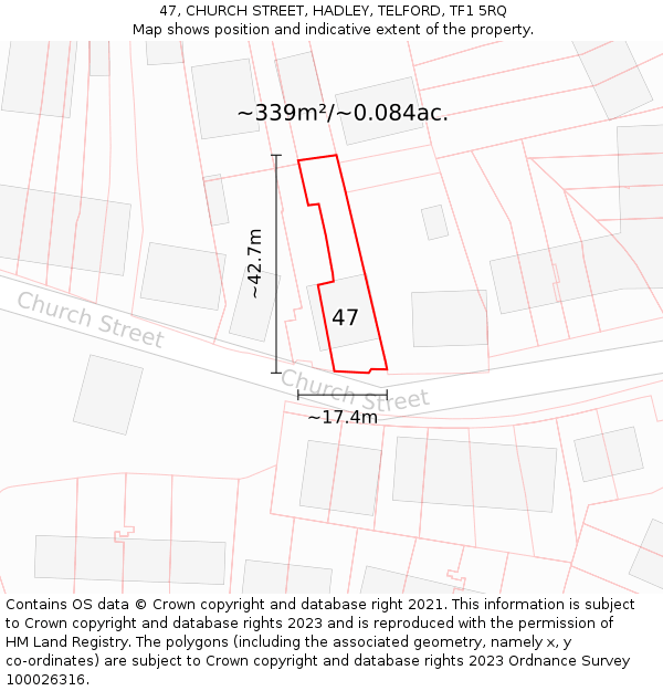 47, CHURCH STREET, HADLEY, TELFORD, TF1 5RQ: Plot and title map