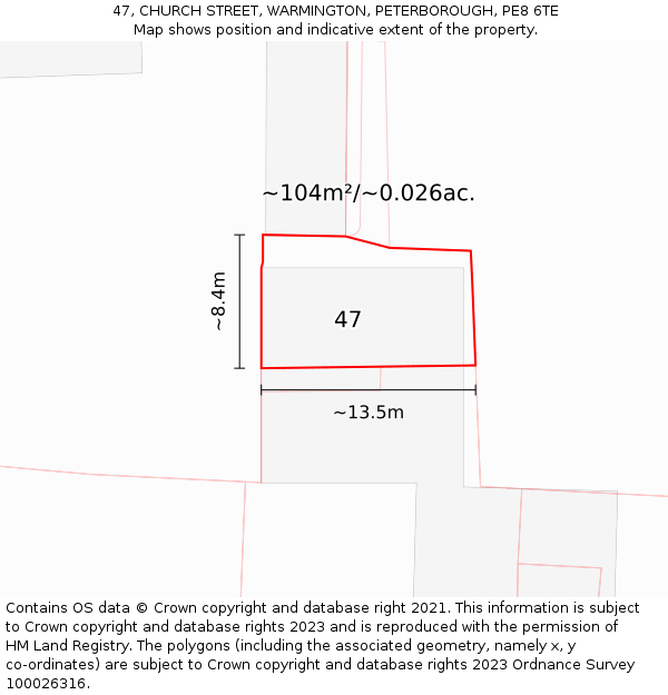 47, CHURCH STREET, WARMINGTON, PETERBOROUGH, PE8 6TE: Plot and title map