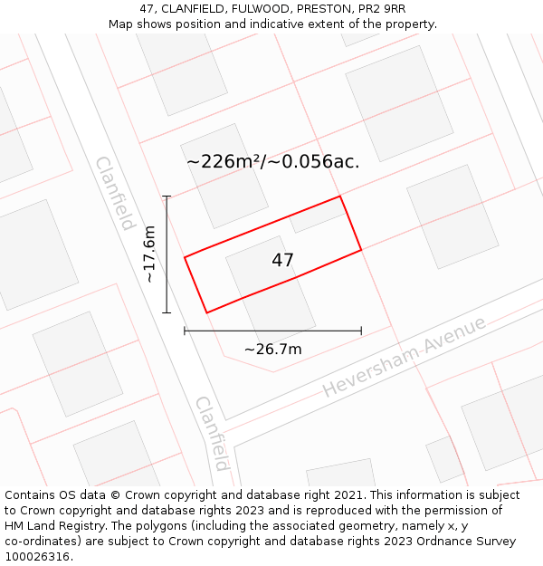 47, CLANFIELD, FULWOOD, PRESTON, PR2 9RR: Plot and title map