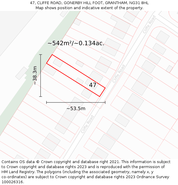 47, CLIFFE ROAD, GONERBY HILL FOOT, GRANTHAM, NG31 8HL: Plot and title map