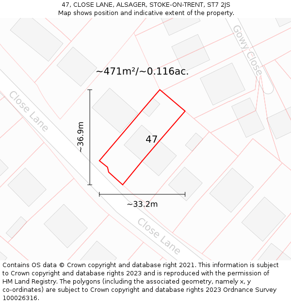 47, CLOSE LANE, ALSAGER, STOKE-ON-TRENT, ST7 2JS: Plot and title map