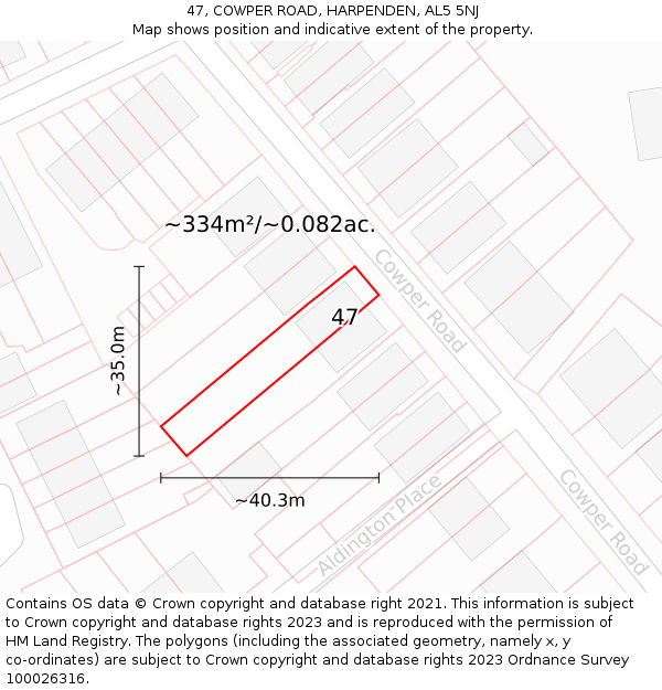 47, COWPER ROAD, HARPENDEN, AL5 5NJ: Plot and title map