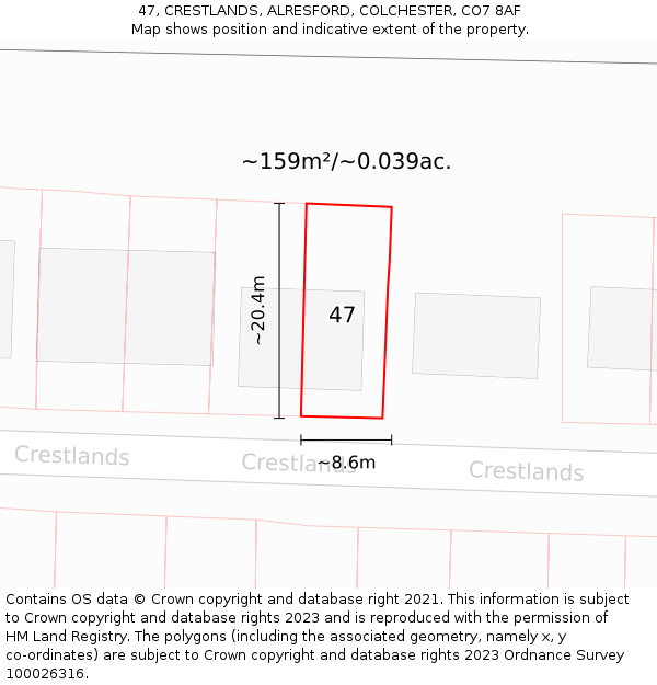 47, CRESTLANDS, ALRESFORD, COLCHESTER, CO7 8AF: Plot and title map