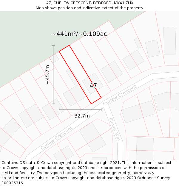 47, CURLEW CRESCENT, BEDFORD, MK41 7HX: Plot and title map