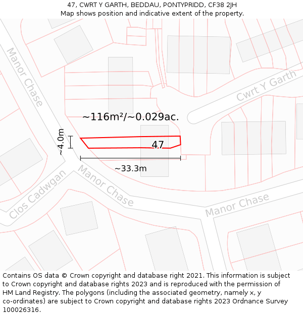 47, CWRT Y GARTH, BEDDAU, PONTYPRIDD, CF38 2JH: Plot and title map