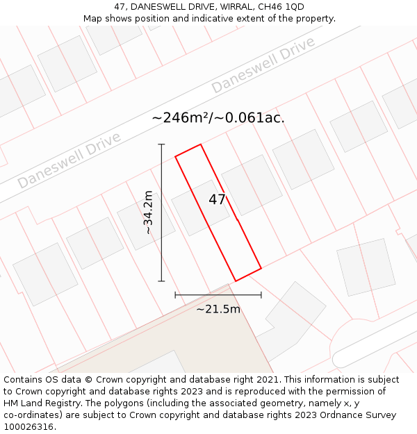 47, DANESWELL DRIVE, WIRRAL, CH46 1QD: Plot and title map