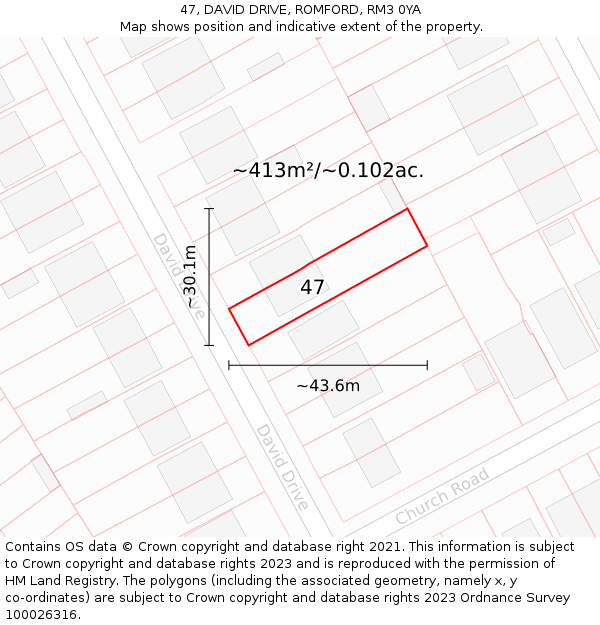 47, DAVID DRIVE, ROMFORD, RM3 0YA: Plot and title map