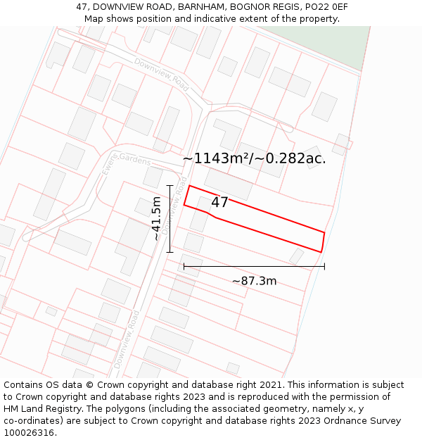 47, DOWNVIEW ROAD, BARNHAM, BOGNOR REGIS, PO22 0EF: Plot and title map