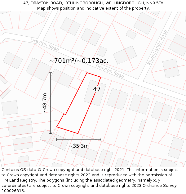 47, DRAYTON ROAD, IRTHLINGBOROUGH, WELLINGBOROUGH, NN9 5TA: Plot and title map