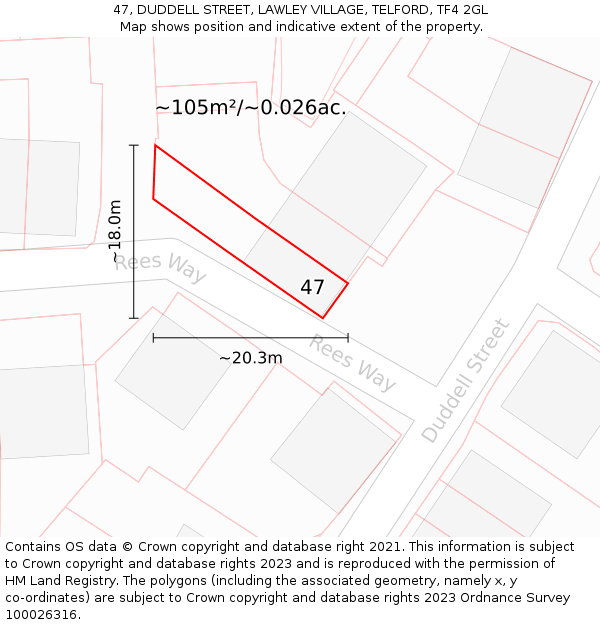 47, DUDDELL STREET, LAWLEY VILLAGE, TELFORD, TF4 2GL: Plot and title map