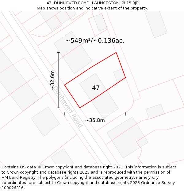 47, DUNHEVED ROAD, LAUNCESTON, PL15 9JF: Plot and title map