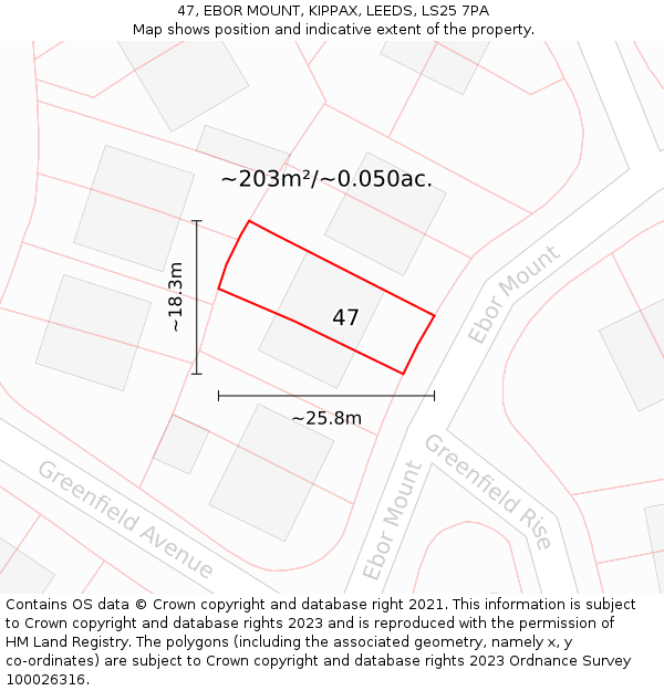 47, EBOR MOUNT, KIPPAX, LEEDS, LS25 7PA: Plot and title map