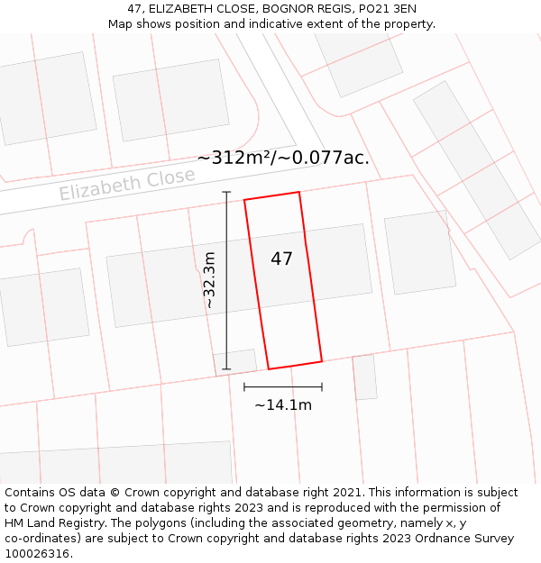 47, ELIZABETH CLOSE, BOGNOR REGIS, PO21 3EN: Plot and title map