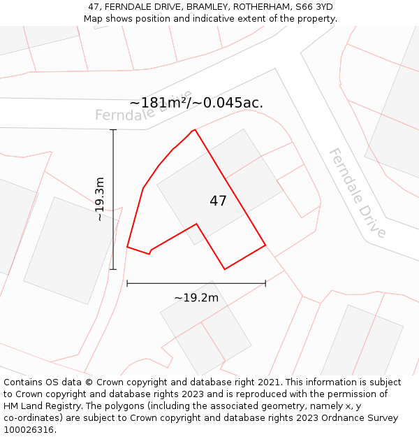 47, FERNDALE DRIVE, BRAMLEY, ROTHERHAM, S66 3YD: Plot and title map