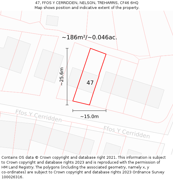 47, FFOS Y CERRIDDEN, NELSON, TREHARRIS, CF46 6HQ: Plot and title map