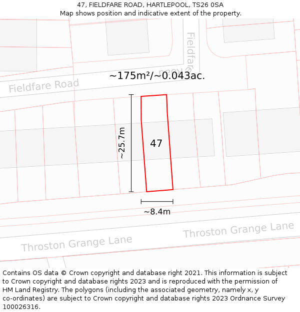 47, FIELDFARE ROAD, HARTLEPOOL, TS26 0SA: Plot and title map