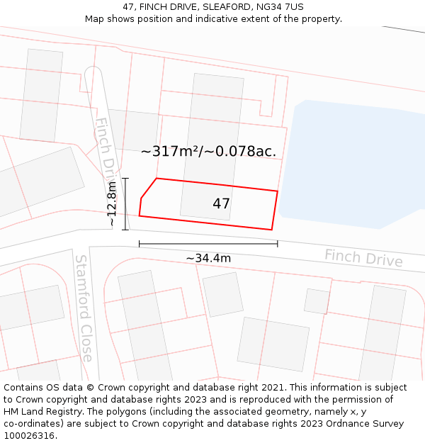 47, FINCH DRIVE, SLEAFORD, NG34 7US: Plot and title map