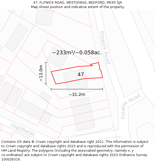 47, FLITWICK ROAD, WESTONING, BEDFORD, MK45 5JA: Plot and title map