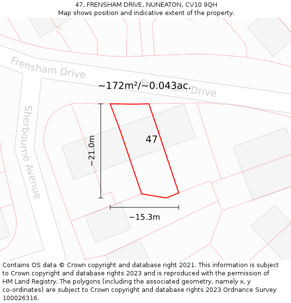 47, FRENSHAM DRIVE, NUNEATON, CV10 9QH: Plot and title map