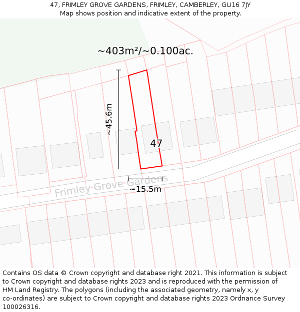 47, FRIMLEY GROVE GARDENS, FRIMLEY, CAMBERLEY, GU16 7JY: Plot and title map