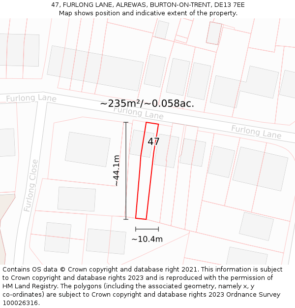 47, FURLONG LANE, ALREWAS, BURTON-ON-TRENT, DE13 7EE: Plot and title map