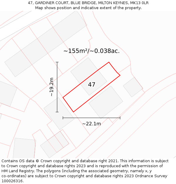 47, GARDINER COURT, BLUE BRIDGE, MILTON KEYNES, MK13 0LR: Plot and title map