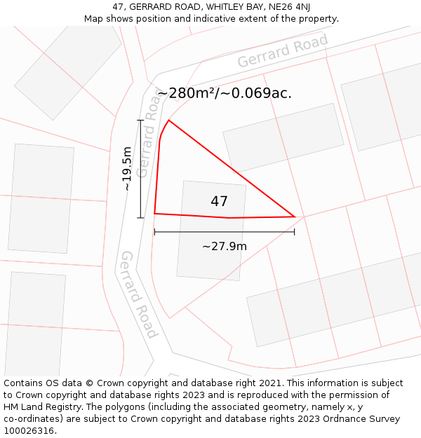 47, GERRARD ROAD, WHITLEY BAY, NE26 4NJ: Plot and title map