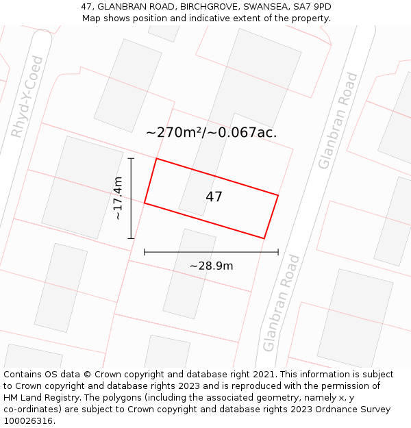 47, GLANBRAN ROAD, BIRCHGROVE, SWANSEA, SA7 9PD: Plot and title map