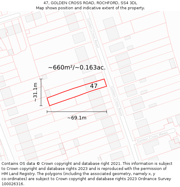 47, GOLDEN CROSS ROAD, ROCHFORD, SS4 3DL: Plot and title map