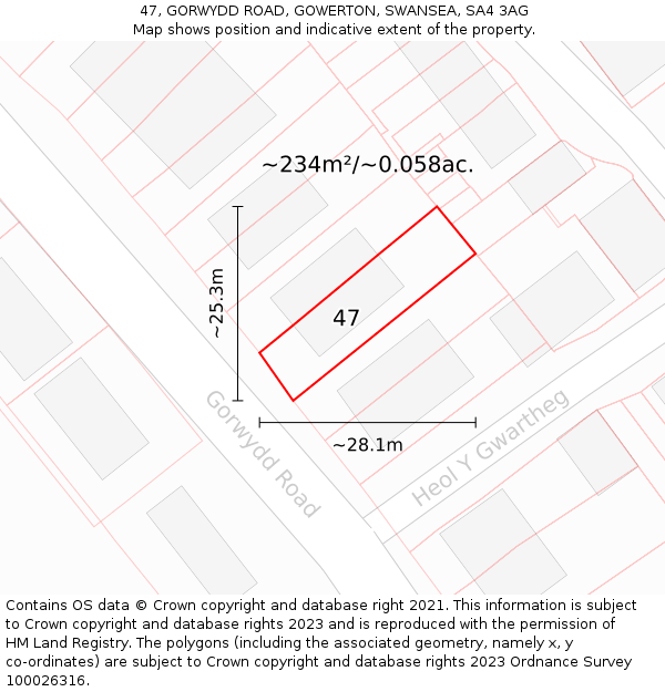 47, GORWYDD ROAD, GOWERTON, SWANSEA, SA4 3AG: Plot and title map