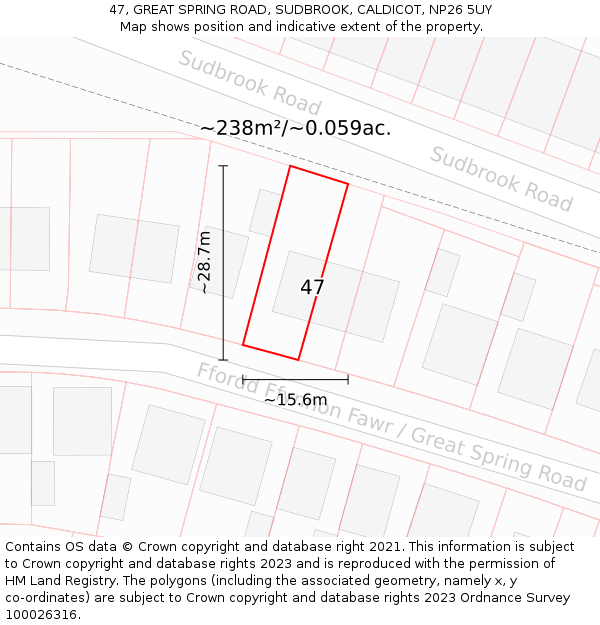 47, GREAT SPRING ROAD, SUDBROOK, CALDICOT, NP26 5UY: Plot and title map