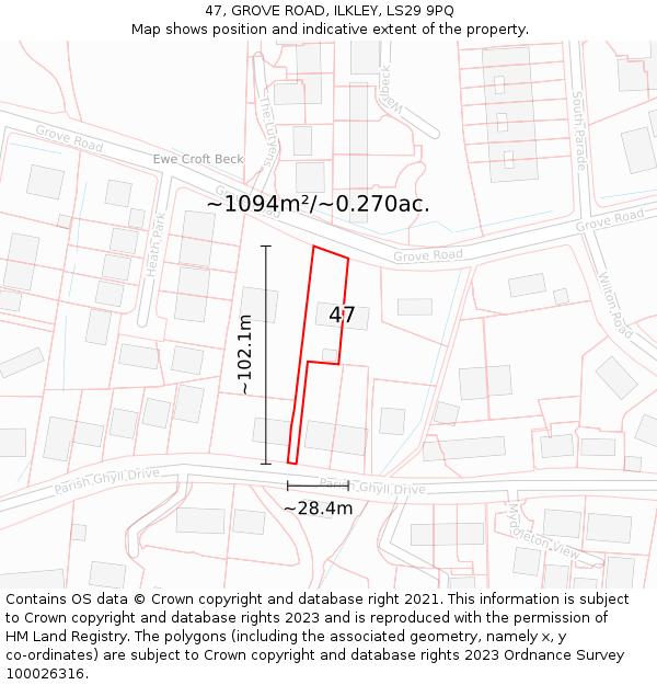 47, GROVE ROAD, ILKLEY, LS29 9PQ: Plot and title map