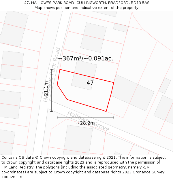 47, HALLOWES PARK ROAD, CULLINGWORTH, BRADFORD, BD13 5AS: Plot and title map