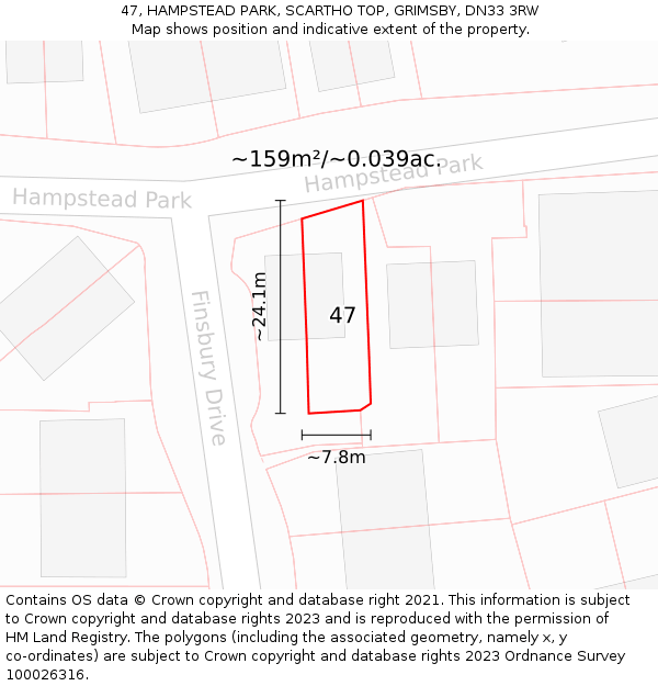 47, HAMPSTEAD PARK, SCARTHO TOP, GRIMSBY, DN33 3RW: Plot and title map