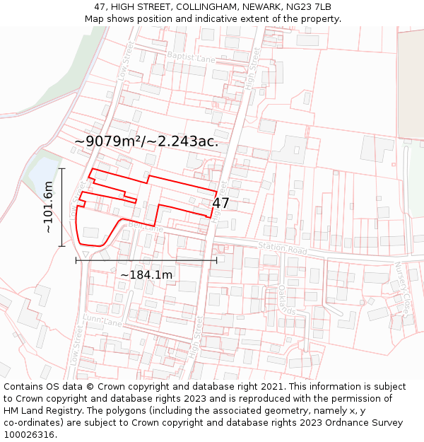 47, HIGH STREET, COLLINGHAM, NEWARK, NG23 7LB: Plot and title map