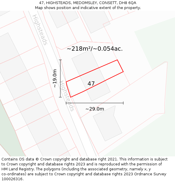 47, HIGHSTEADS, MEDOMSLEY, CONSETT, DH8 6QA: Plot and title map