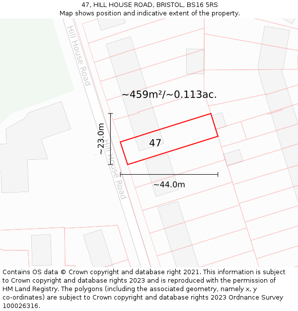 47, HILL HOUSE ROAD, BRISTOL, BS16 5RS: Plot and title map