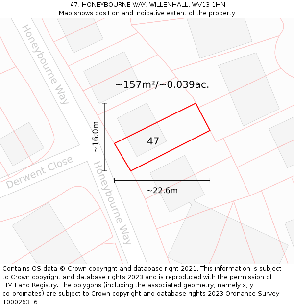 47, HONEYBOURNE WAY, WILLENHALL, WV13 1HN: Plot and title map