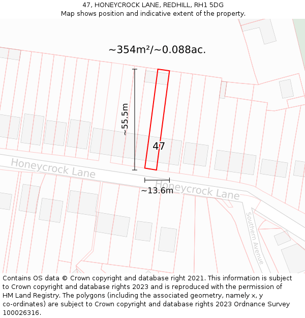 47, HONEYCROCK LANE, REDHILL, RH1 5DG: Plot and title map