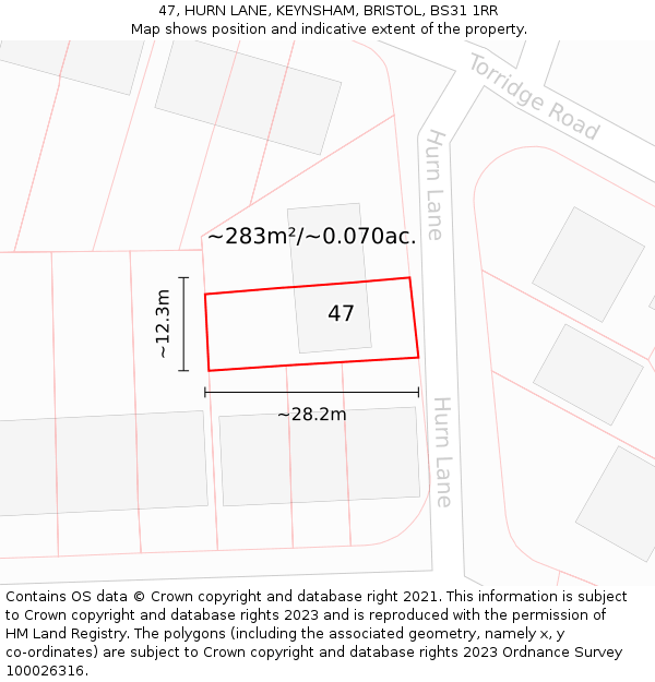 47, HURN LANE, KEYNSHAM, BRISTOL, BS31 1RR: Plot and title map