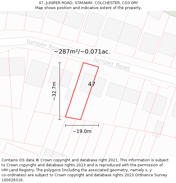 47, JUNIPER ROAD, STANWAY, COLCHESTER, CO3 0RY: Plot and title map