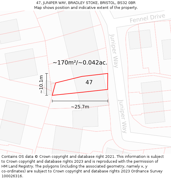 47, JUNIPER WAY, BRADLEY STOKE, BRISTOL, BS32 0BR: Plot and title map