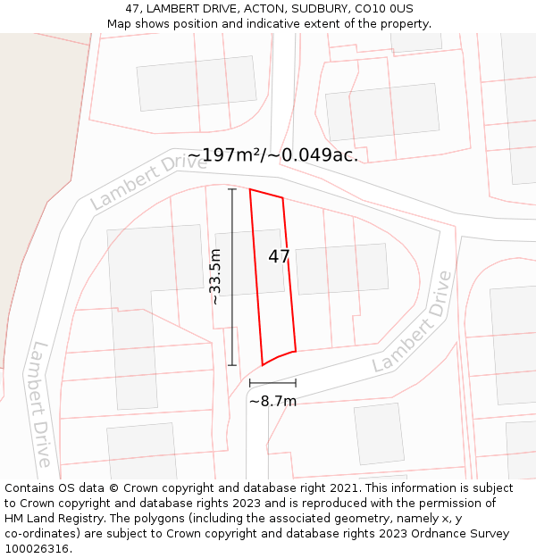 47, LAMBERT DRIVE, ACTON, SUDBURY, CO10 0US: Plot and title map